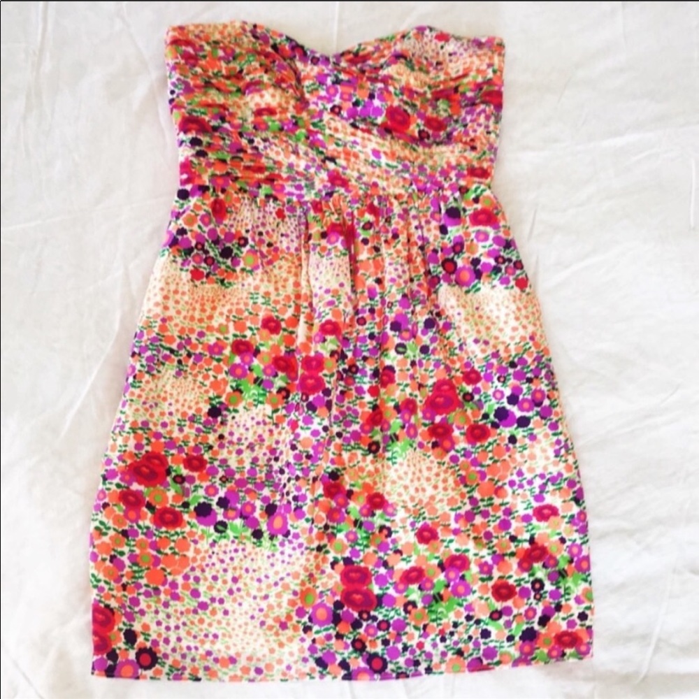 Shoshanna Neon Floral Strapless Silk Dress Size 0